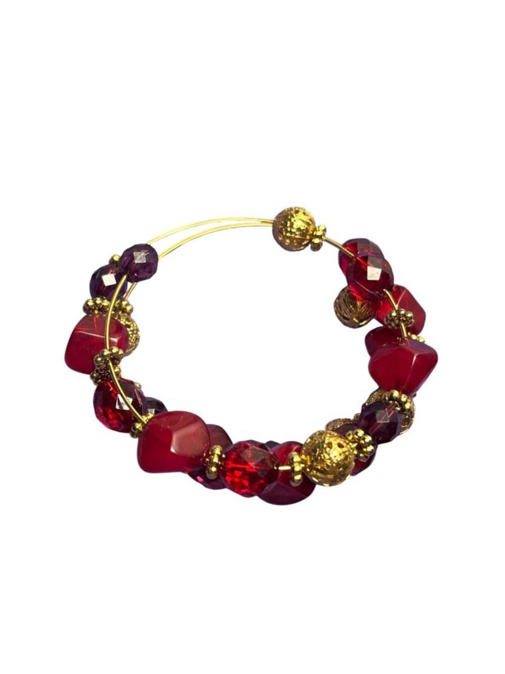 Red Plastic Beaded Goldtone Filigree Memory Wire Coil Bracelet